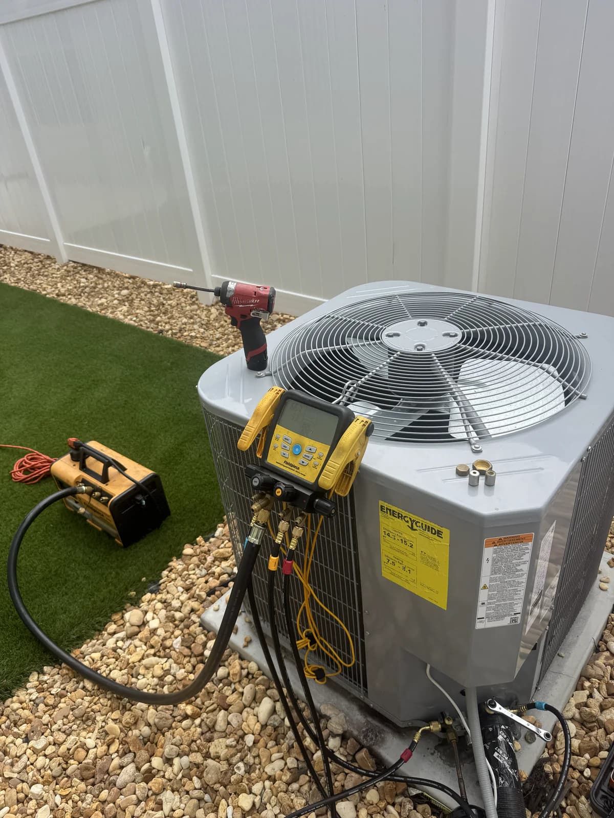 Residential condenser service with recovery and diagnostic tools